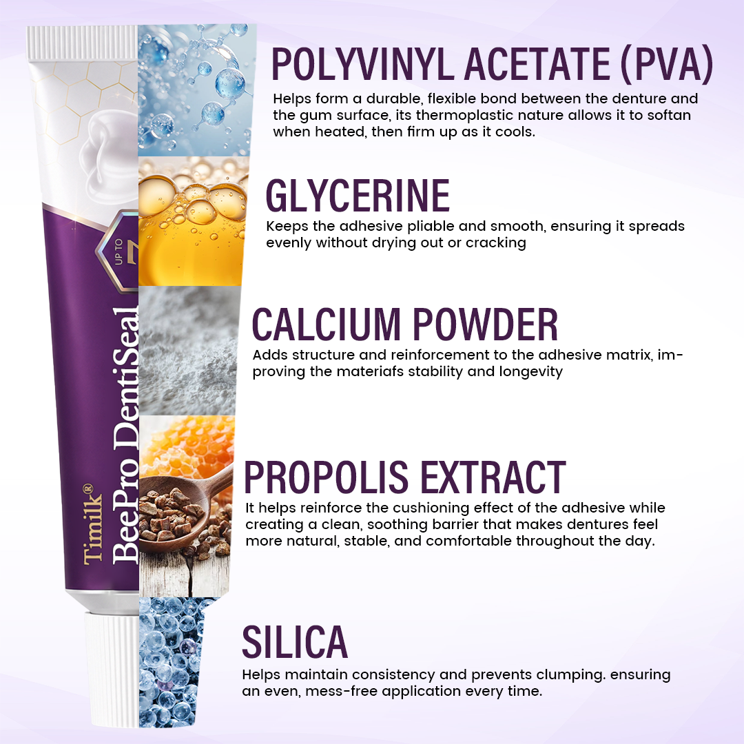 Timilk® BeePro DentiSeal Haftcreme für Zahnersatz🦷🐝💜 FDA-zertifiziert (klinisch nachgewiesene 96-Stunden-Haftkraft mit komfortablem Bienenpropolis-Kautschuk für einen sicheren, bequemen und zinkfreien Sitz der Zahnprothese)