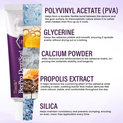 Timilk® BeePro DentiSeal Haftcreme für Zahnersatz🦷🐝💜 FDA-zertifiziert (klinisch nachgewiesene 96-Stunden-Haftkraft mit komfortablem Bienenpropolis-Kautschuk für einen sicheren, bequemen und zinkfreien Sitz der Zahnprothese)