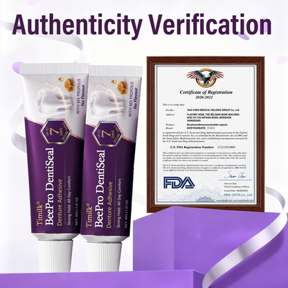 Timilk® BeePro DentiSeal Haftcreme für Zahnersatz🦷🐝💜 FDA-zertifiziert (klinisch nachgewiesene 96-Stunden-Haftkraft mit komfortablem Bienenpropolis-Kautschuk für einen sicheren, bequemen und zinkfreien Sitz der Zahnprothese)