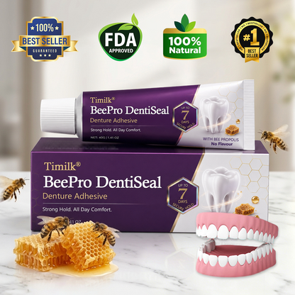 Timilk® BeePro DentiSeal Haftcreme für Zahnersatz🦷🐝💜 FDA-zertifiziert (klinisch nachgewiesene 96-Stunden-Haftkraft mit komfortablem Bienenpropolis-Kautschuk für einen sicheren, bequemen und zinkfreien Sitz der Zahnprothese)
