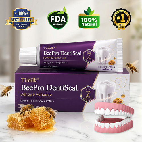 Timilk® BeePro DentiSeal Haftcreme für Zahnersatz🦷🐝💜 FDA-zertifiziert (klinisch nachgewiesene 96-Stunden-Haftkraft mit komfortablem Bienenpropolis-Kautschuk für einen sicheren, bequemen und zinkfreien Sitz der Zahnprothese)