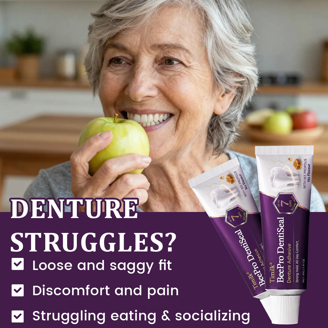 Timilk® BeePro DentiSeal Haftcreme für Zahnersatz🦷🐝💜 FDA-zertifiziert (klinisch nachgewiesene 96-Stunden-Haftkraft mit komfortablem Bienenpropolis-Kautschuk für einen sicheren, bequemen und zinkfreien Sitz der Zahnprothese)
