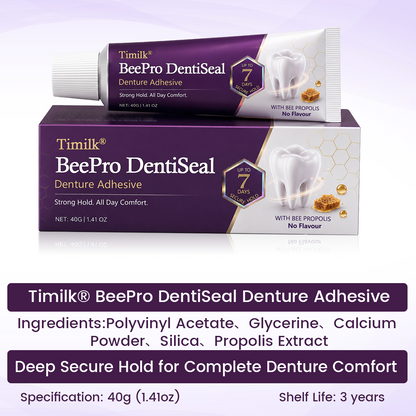 Timilk® BeePro DentiSeal Haftcreme für Zahnersatz🦷🐝💜 FDA-zertifiziert (klinisch nachgewiesene 96-Stunden-Haftkraft mit komfortablem Bienenpropolis-Kautschuk für einen sicheren, bequemen und zinkfreien Sitz der Zahnprothese)
