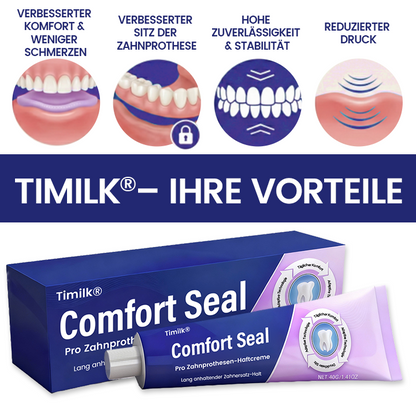 🔥 BEGRENZTES SONDERANGEBOT 🔥 Timilk® Comfort Seal Pro Zahnprothesen-Haftcreme 🦷💜 FDA-zertifiziert (Klinisch getestet: 96 Stunden Halt für sicheren, komfortablen und zinkfreien Sitz der Zahnprothese)
