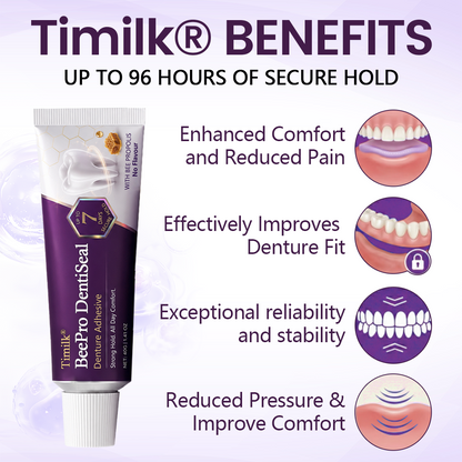 Timilk® BeePro DentiSeal Haftcreme für Zahnersatz🦷🐝💜 FDA-zertifiziert (klinisch nachgewiesene 96-Stunden-Haftkraft mit komfortablem Bienenpropolis-Kautschuk für einen sicheren, bequemen und zinkfreien Sitz der Zahnprothese)