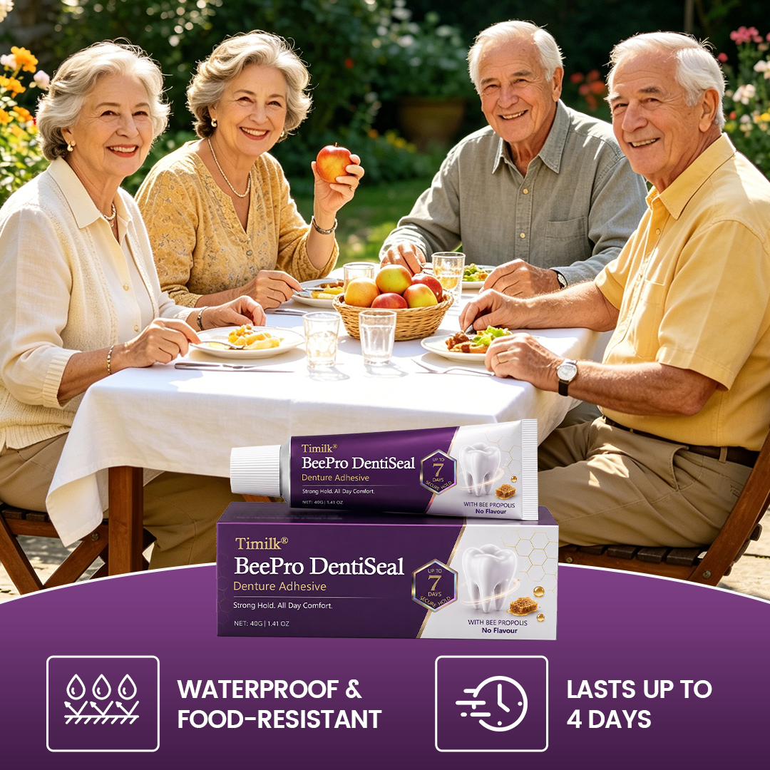 Timilk® BeePro DentiSeal Haftcreme für Zahnersatz🦷🐝💜 FDA-zertifiziert (klinisch nachgewiesene 96-Stunden-Haftkraft mit komfortablem Bienenpropolis-Kautschuk für einen sicheren, bequemen und zinkfreien Sitz der Zahnprothese)