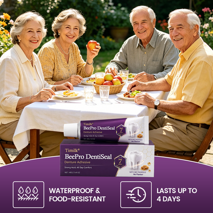 Timilk® BeePro DentiSeal Haftcreme für Zahnersatz🦷🐝💜 FDA-zertifiziert (klinisch nachgewiesene 96-Stunden-Haftkraft mit komfortablem Bienenpropolis-Kautschuk für einen sicheren, bequemen und zinkfreien Sitz der Zahnprothese)