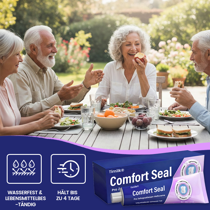 BEGRENZTES SONDERANGEBOT 🔥 Timilk® Comfort Seal Pro Zahnprothesen-Haftcreme 🦷💜 FDA-zertifiziert (Klinisch getestet: 96 Stunden Halt für sicheren, komfortablen und zinkfreien Sitz der Zahnprothese) .