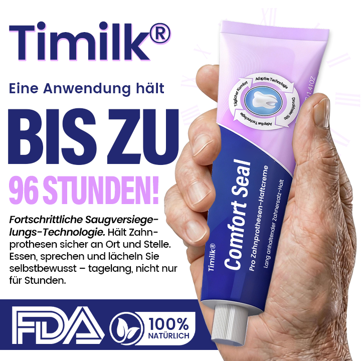BEGRENZTES SONDERANGEBOT 🔥 Timilk® Comfort Seal Pro Zahnprothesen-Haftcreme 🦷💜 FDA-zertifiziert (Klinisch getestet: 96 Stunden Halt für sicheren, komfortablen und zinkfreien Sitz der Zahnprothese) .