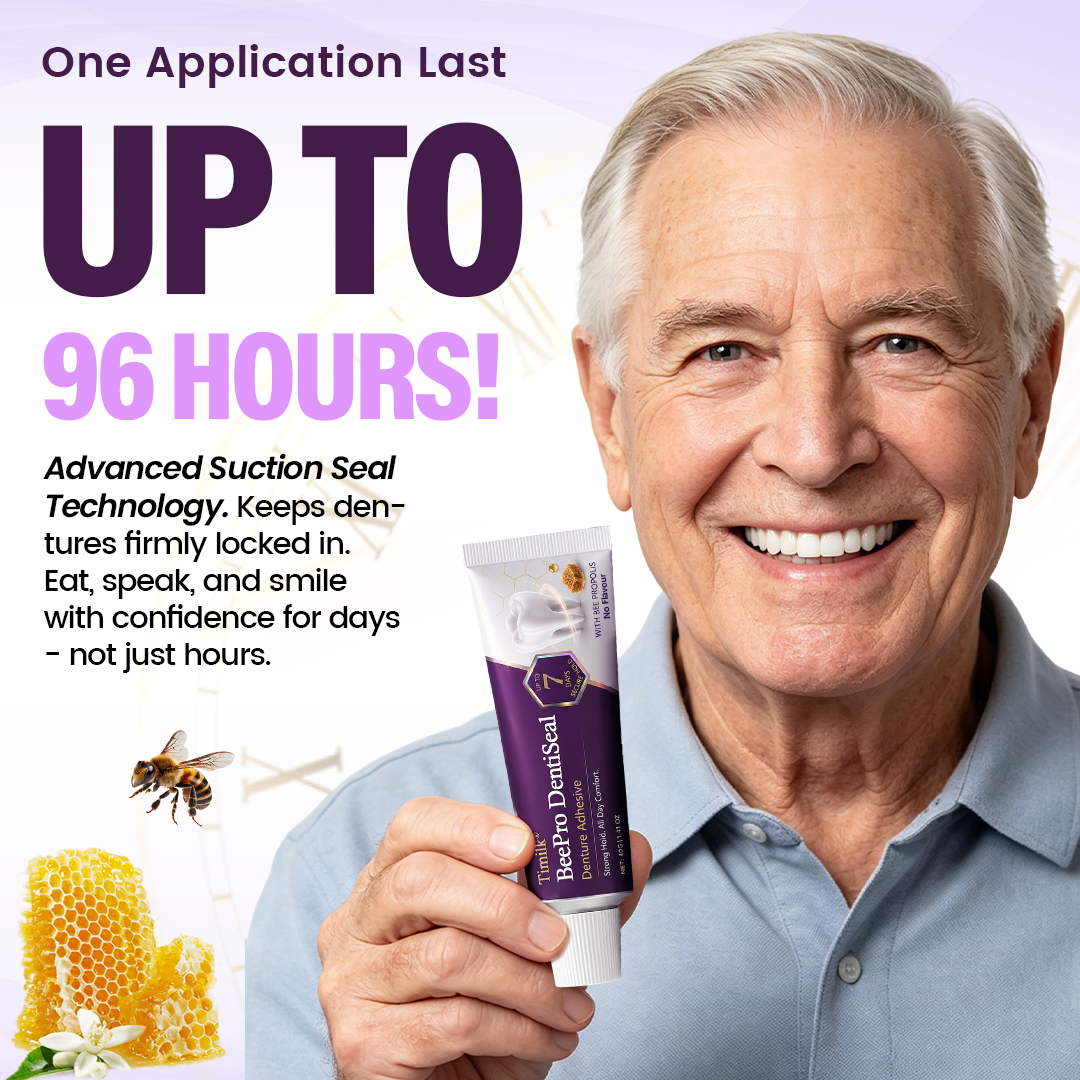 Timilk® BeePro DentiSeal Haftcreme für Zahnersatz🦷🐝💜 FDA-zertifiziert (klinisch nachgewiesene 96-Stunden-Haftkraft mit komfortablem Bienenpropolis-Kautschuk für einen sicheren, bequemen und zinkfreien Sitz der Zahnprothese)
