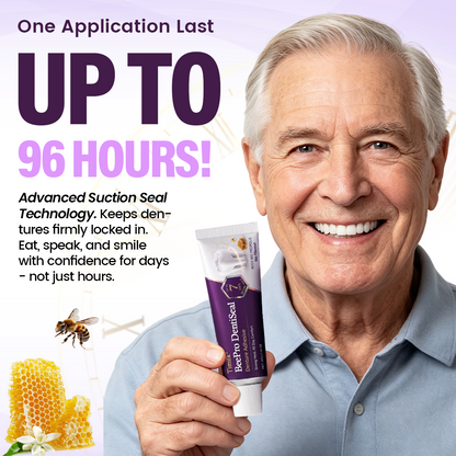 Timilk® BeePro DentiSeal Haftcreme für Zahnersatz🦷🐝💜 FDA-zertifiziert (klinisch nachgewiesene 96-Stunden-Haftkraft mit komfortablem Bienenpropolis-Kautschuk für einen sicheren, bequemen und zinkfreien Sitz der Zahnprothese)