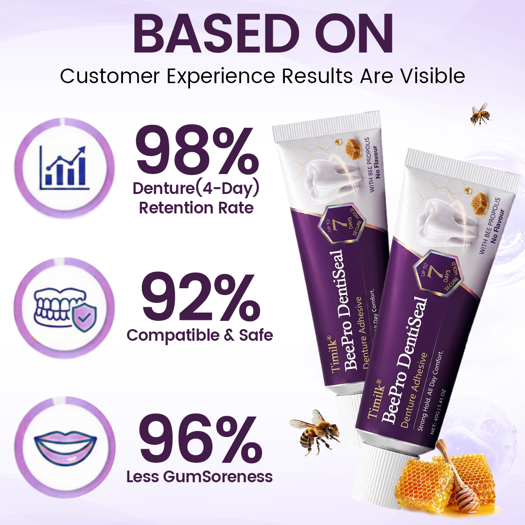 Timilk® BeePro DentiSeal Haftcreme für Zahnersatz🦷🐝💜 FDA-zertifiziert (klinisch nachgewiesene 96-Stunden-Haftkraft mit komfortablem Bienenpropolis-Kautschuk für einen sicheren, bequemen und zinkfreien Sitz der Zahnprothese)
