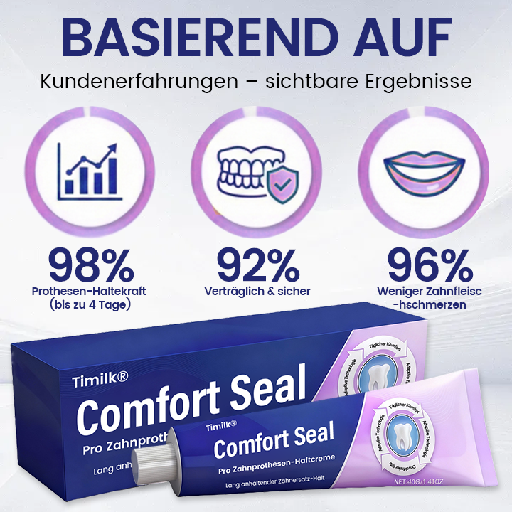 BEGRENZTES SONDERANGEBOT 🔥 Timilk® Comfort Seal Pro Zahnprothesen-Haftcreme 🦷💜 FDA-zertifiziert (Klinisch getestet: 96 Stunden Halt für sicheren, komfortablen und zinkfreien Sitz der Zahnprothese) .