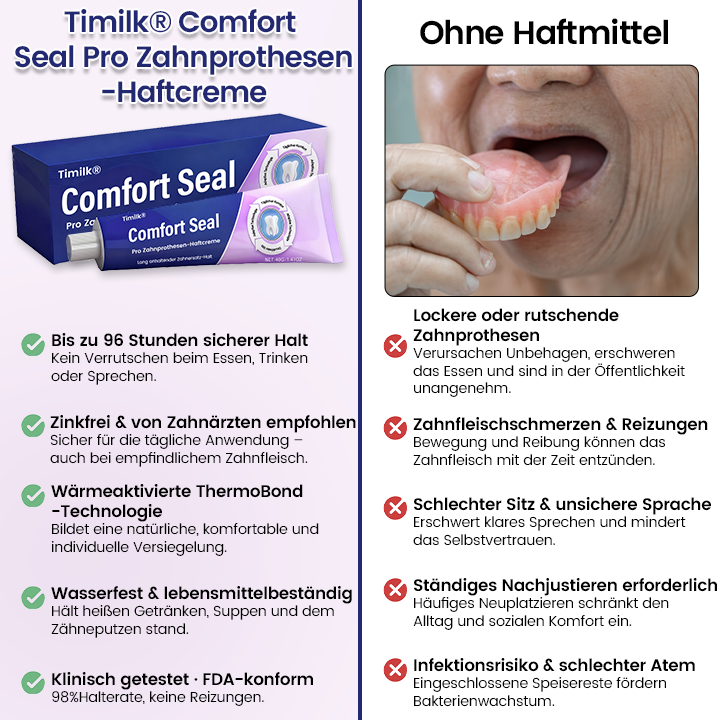BEGRENZTES SONDERANGEBOT 🔥 Timilk® Comfort Seal Pro Zahnprothesen-Haftcreme 🦷💜 FDA-zertifiziert (Klinisch getestet: 96 Stunden Halt für sicheren, komfortablen und zinkfreien Sitz der Zahnprothese) .