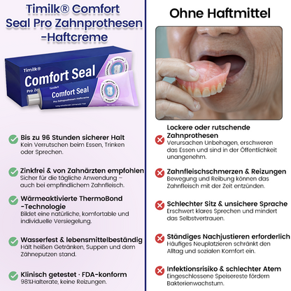 BEGRENZTES SONDERANGEBOT 🔥 Timilk® Comfort Seal Pro Zahnprothesen-Haftcreme 🦷💜 FDA-zertifiziert (Klinisch getestet: 96 Stunden Halt für sicheren, komfortablen und zinkfreien Sitz der Zahnprothese) .