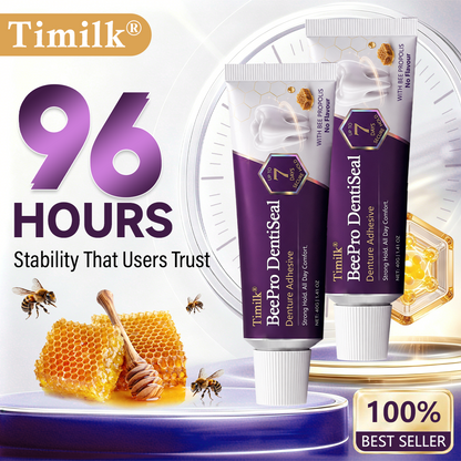 Timilk® BeePro DentiSeal Haftcreme für Zahnersatz🦷🐝💜 FDA-zertifiziert (klinisch nachgewiesene 96-Stunden-Haftkraft mit komfortablem Bienenpropolis-Kautschuk für einen sicheren, bequemen und zinkfreien Sitz der Zahnprothese)